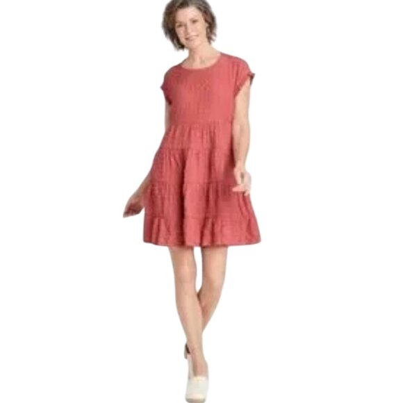 Knox Rose Women SZ M Ruffle Short Sleeve Tiered Mini Dress Rust Pink Rayon Blend - Picture 1 of 12